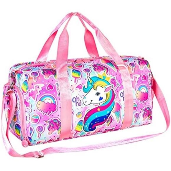 BOYS Girls Gym Bag Travel Duffle Bag Unicorn Pink - Picture 1 of 9